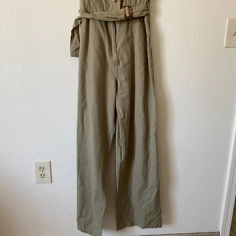 JAPNA Flax Linen Blend Belted Wide Leg Jumpsuit Sage Green Utility NWT Medium - Picture 4 of 8
